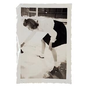 Vtg Monochrome Photo of Lady Petting A Dog in The Snow B & W Found Snapshot